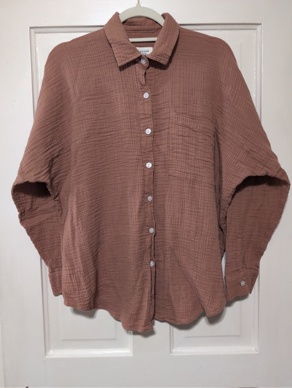 American Eagle Brown Button Up Gauzy Boxy Lagenlook Shirt Womens S(1456)C